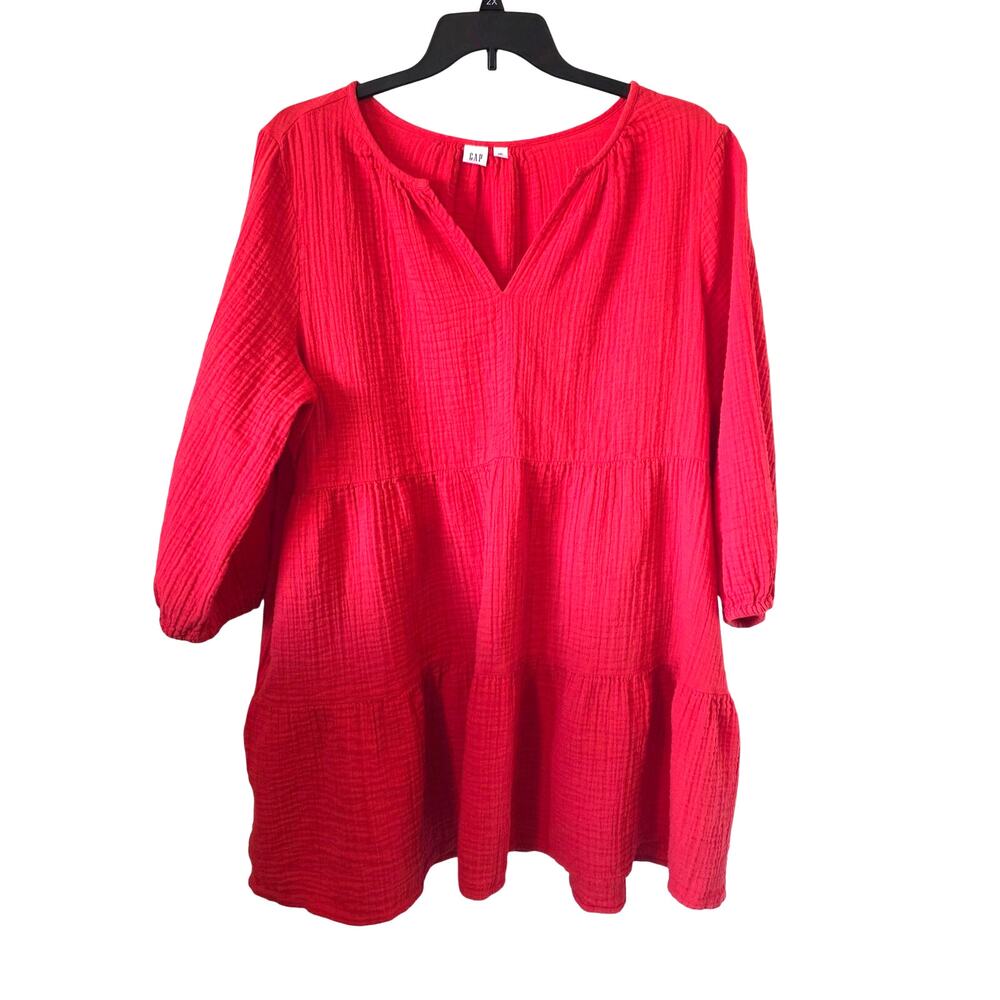 GAP Women's Gauze Cotton Tiered Dress Plus Size XXL Hot Coral